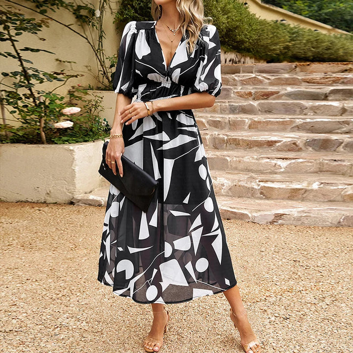 Leah - V-Neck Midi Dress With Puff Sleeves