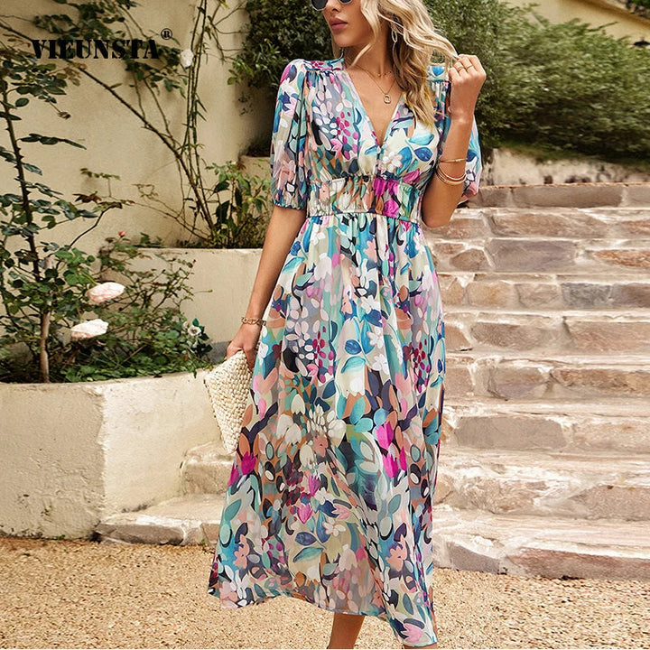 Leah - V-Neck Midi Dress With Puff Sleeves